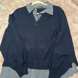 Adrianna Papell Women’s Dark Blue V-Neck Sweater with Striped Detail